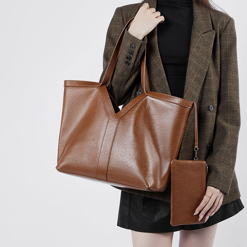 Simple Korean leather shoulder tote bag
