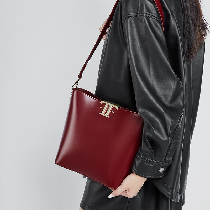Genuine leather high-end versatile bucket bag niche underarm bag shoulder crossbody bag