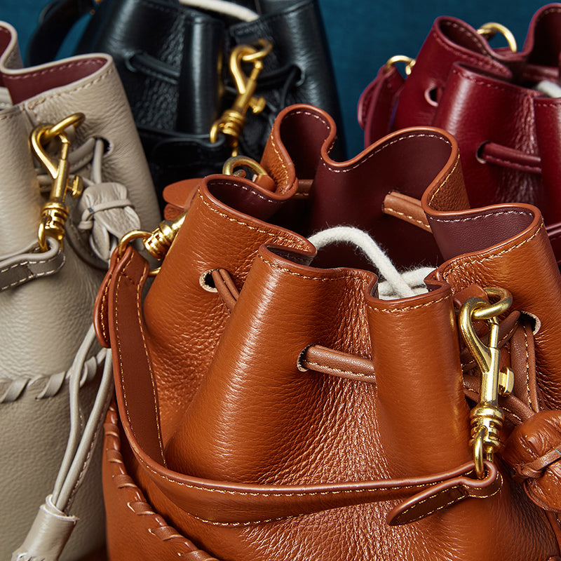 Genuine leather high-grade first-layer cowhide bucket bag tassel niche drawstring shoulder messenger bag