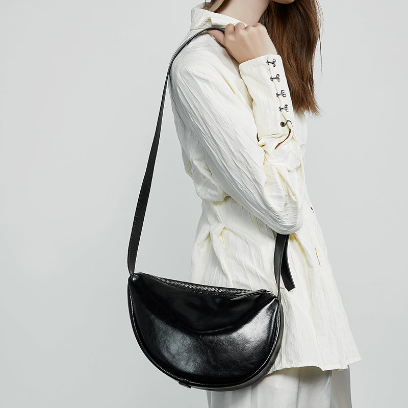 Genuine leather messenger bag for women, dumpling bag, lazy style crescent bag, large capacity, versatile shoulder bag