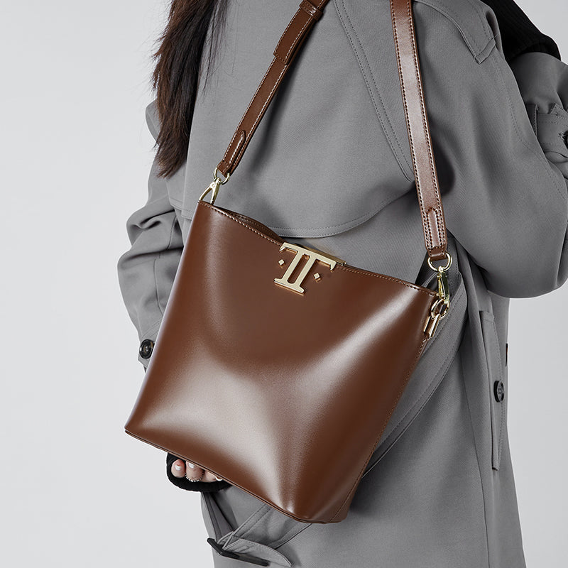 Genuine leather high-end versatile bucket bag niche underarm bag shoulder crossbody bag
