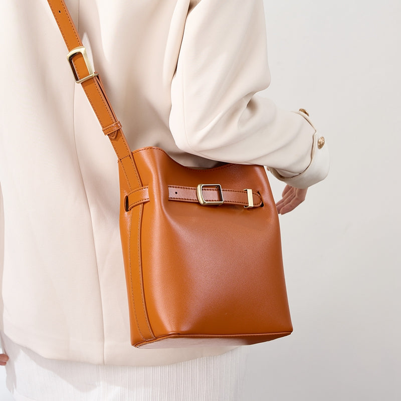 Vintage genuine leather shoulder bucket bag high-end versatile first-layer cowhide messenger bag