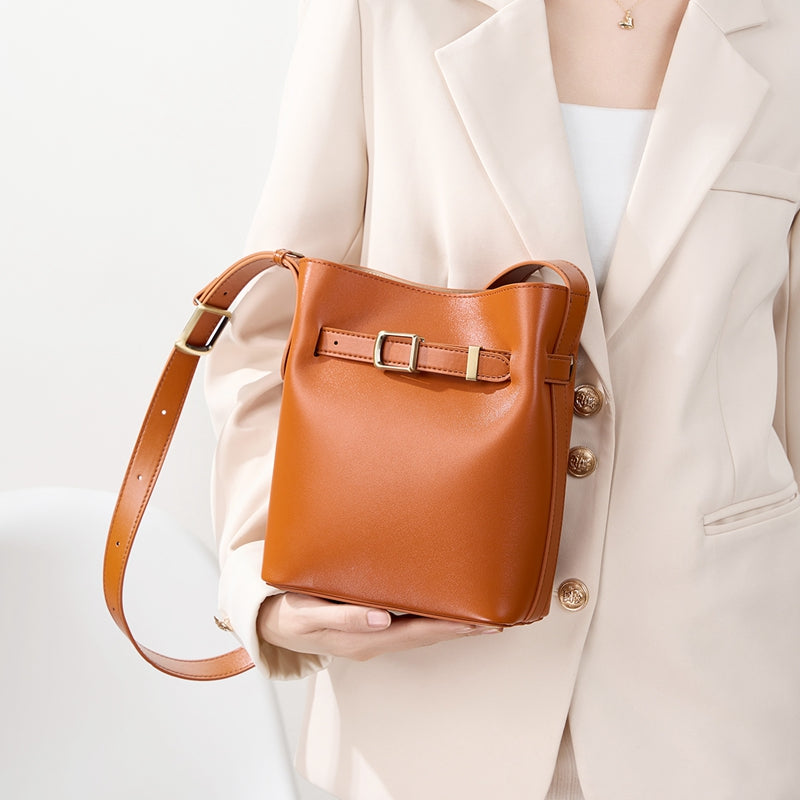 Vintage genuine leather shoulder bucket bag high-end versatile first-layer cowhide messenger bag