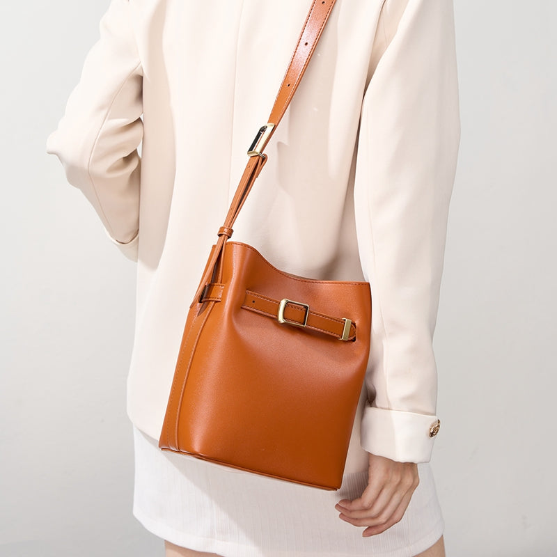 Vintage genuine leather shoulder bucket bag high-end versatile first-layer cowhide messenger bag