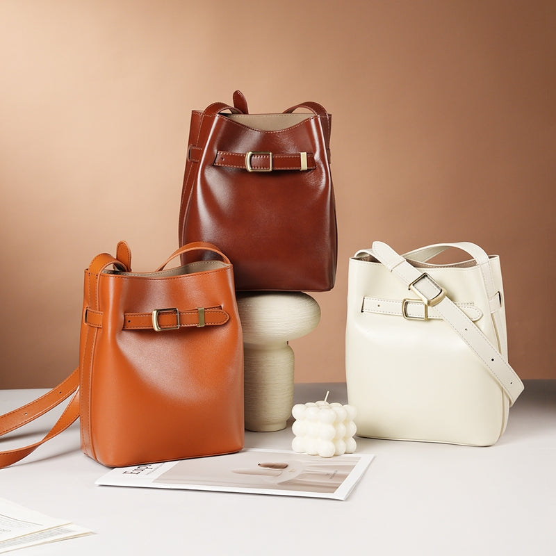 Vintage genuine leather shoulder bucket bag high-end versatile first-layer cowhide messenger bag