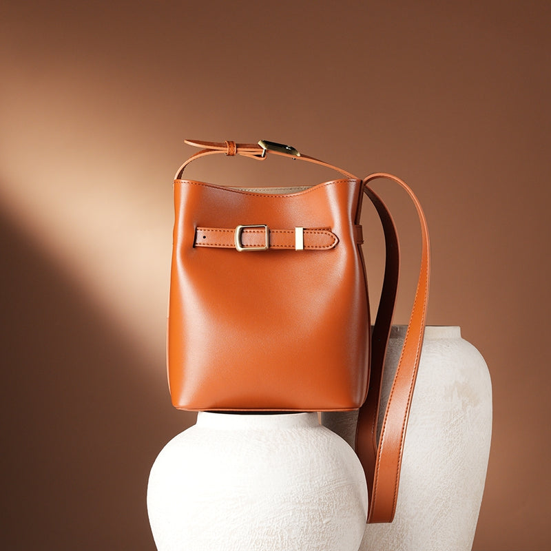 Vintage genuine leather shoulder bucket bag high-end versatile first-layer cowhide messenger bag