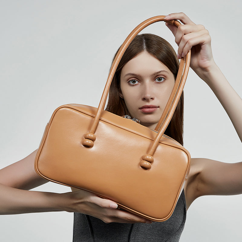 Genuine leather underarm bag large capacity Boston women's bag shoulder bowling bag