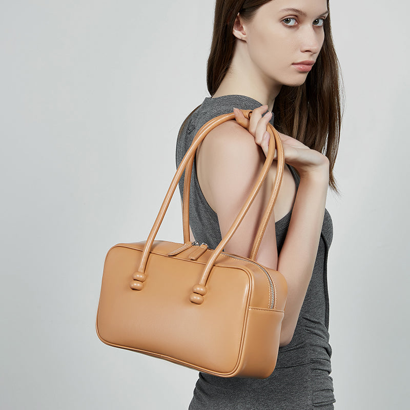 Genuine leather underarm bag large capacity Boston women's bag shoulder bowling bag