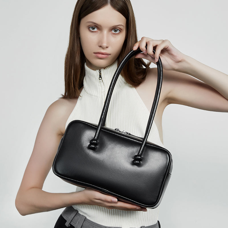 Genuine leather underarm bag large capacity Boston women's bag shoulder bowling bag
