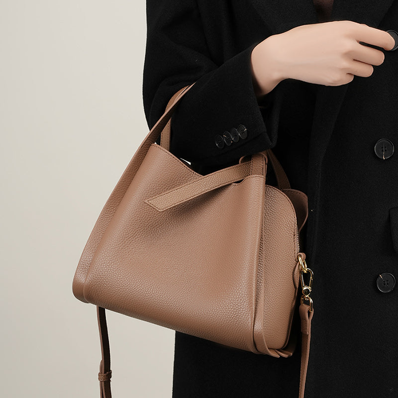 Genuine leather handbag, atmospheric crossbody bag, cowhide bucket bag