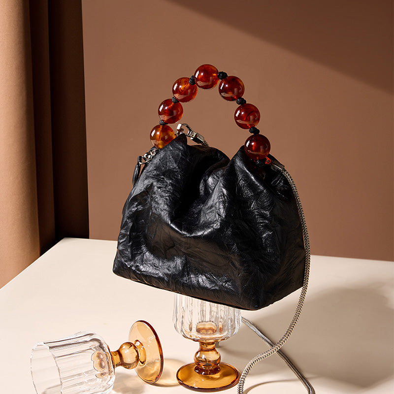 Genuine leather Chinese bead handbag niche cowhide single shoulder beaded crossbody bag