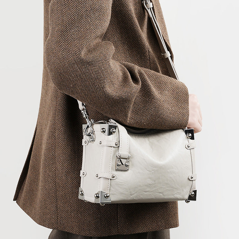 Willow rivet genuine leather handbag popular square soft box lazy style shoulder crossbody bag