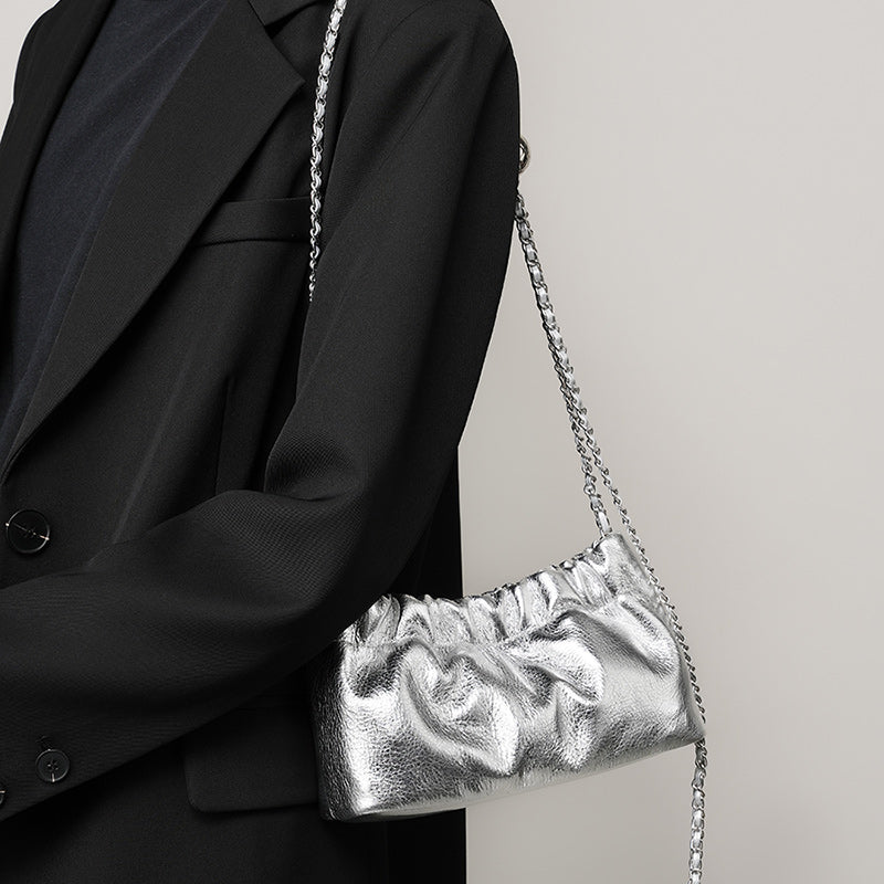 Genuine leather gold ball chain underarm bag cloud pleated bag shoulder crossbody bag