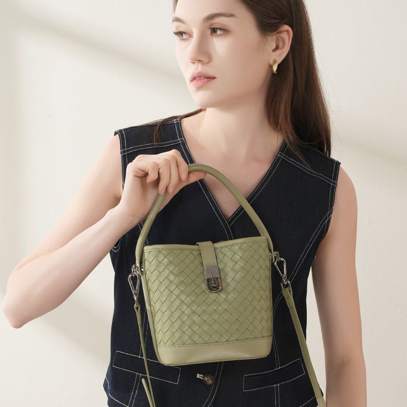 First layer sheepskin braided bucket bag shoulder handbag