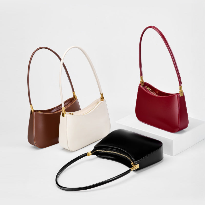 Genuine leather simple shoulder bag versatile baguette bag French style underarm retro women's bag