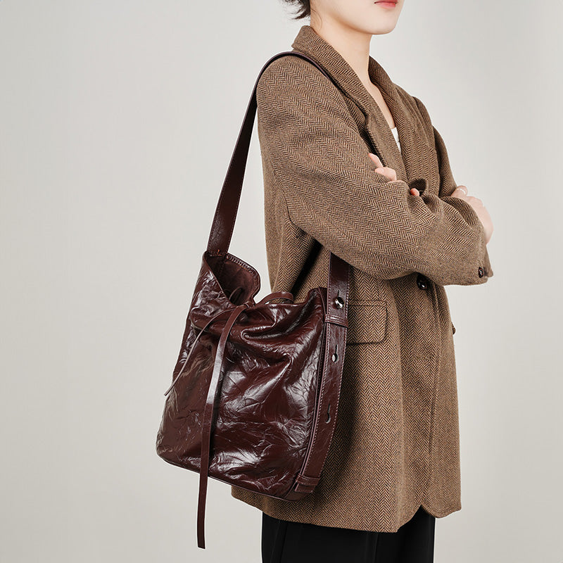 Genuine leather retro classic bucket bag fashionable niche cowhide shoulder crossbody tote bag
