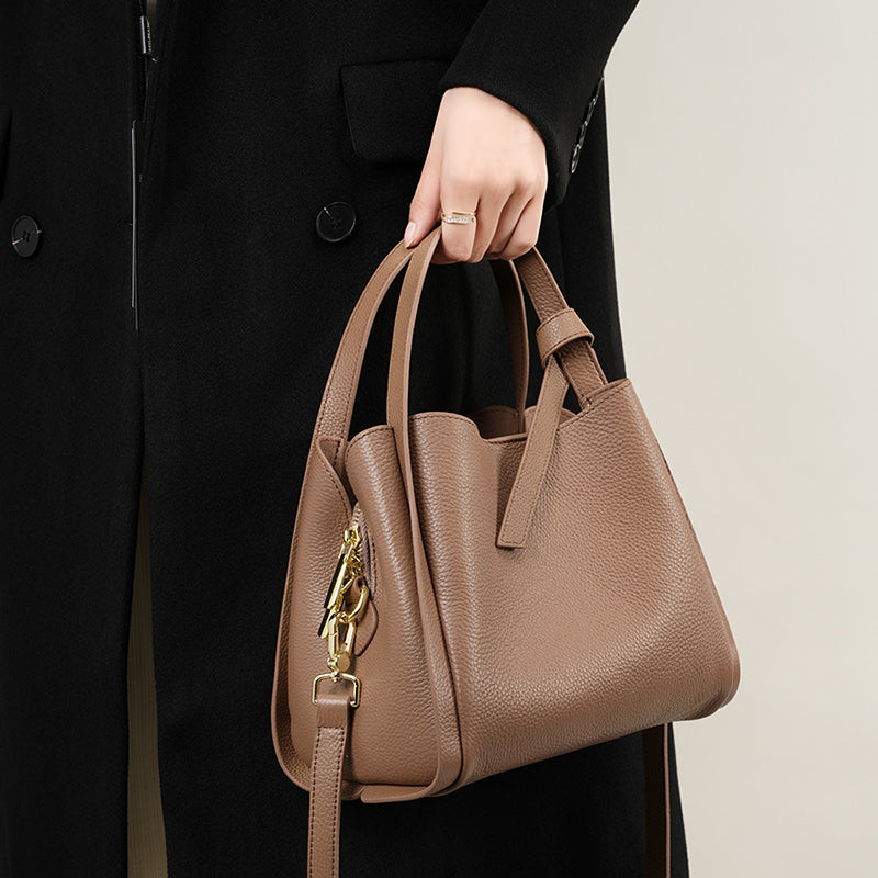 Genuine leather handbag, atmospheric crossbody bag, cowhide bucket bag