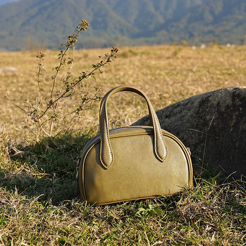 Genuine leather vintage vegetable tanned cowhide Boston bag crossbody bowling bag shoulder handbag