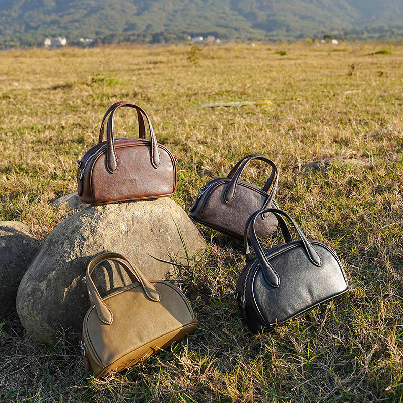 Genuine leather vintage vegetable tanned cowhide Boston bag crossbody bowling bag shoulder handbag