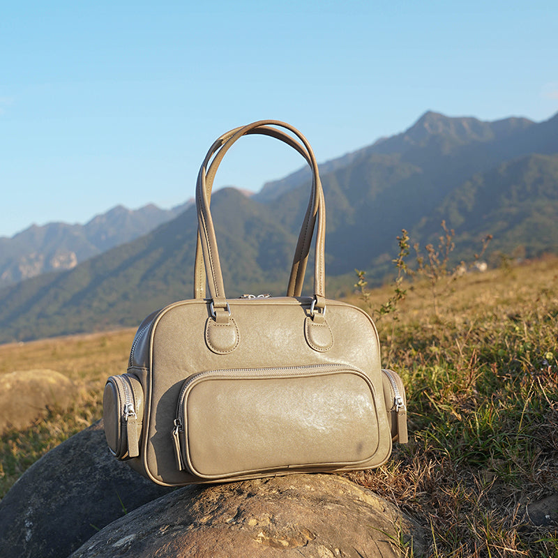 Genuine leather retro handheld bowling bag versatile commuter niche design underarm shoulder bag