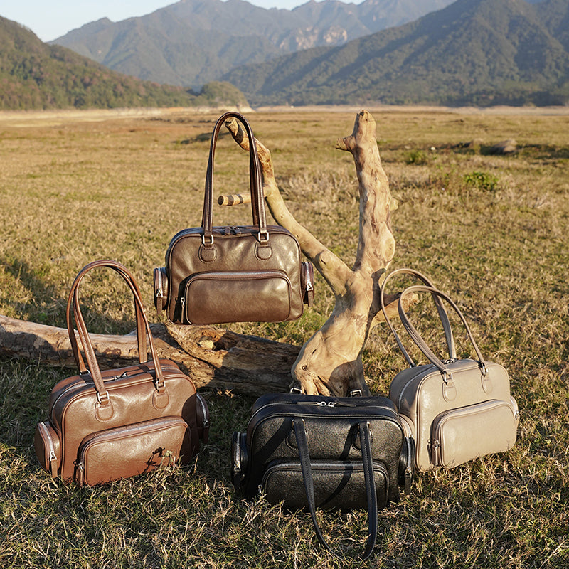 Genuine leather retro handheld bowling bag versatile commuter niche design underarm shoulder bag