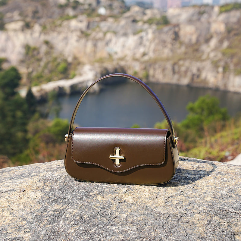 Genuine leather niche design baguette handbag shoulder crossbody bag underarm bag