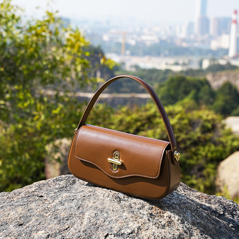 Genuine leather niche design baguette handbag shoulder crossbody bag underarm bag