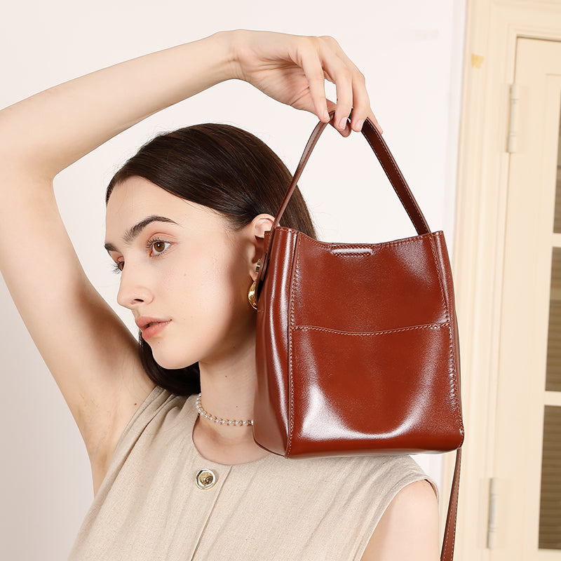 Genuine leather vintage vegetable tanned cowhide bucket bag niche pocket handbag shoulder bag versatile crossbody bag women's bag