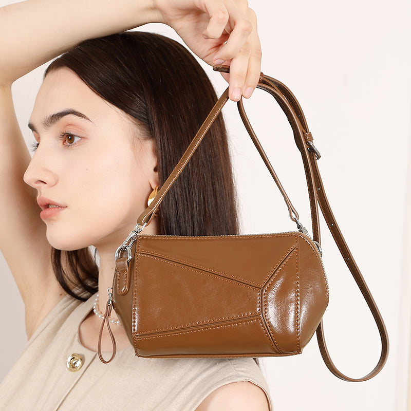 Vegetable tanned cowhide retro leather shoulder bag stylish geometric splicing crossbody bag high-end sense of all-match fashion women's bag