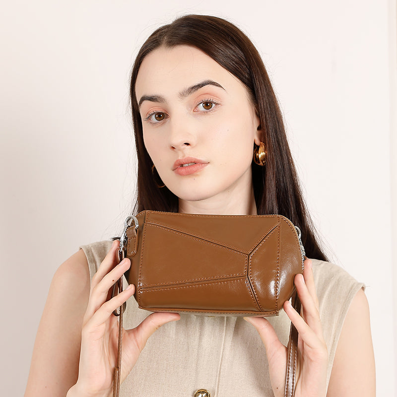 Vegetable tanned cowhide retro leather shoulder bag stylish geometric splicing crossbody bag high-end sense of all-match fashion women's bag