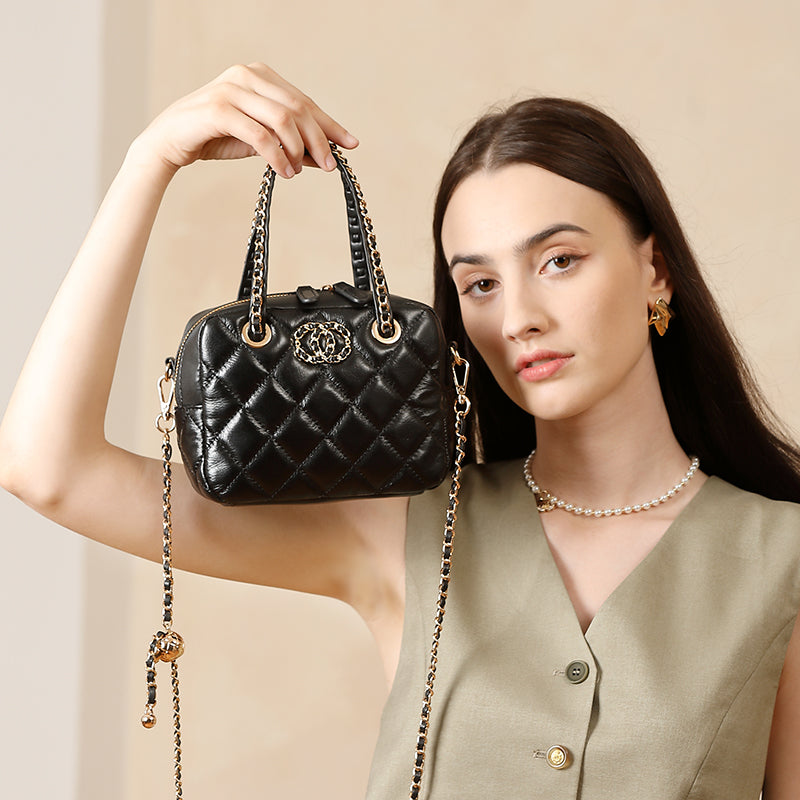 Genuine leather small Chanel diamond bag handbag high-end first layer chain bowling bag versatile shoulder crossbody bag