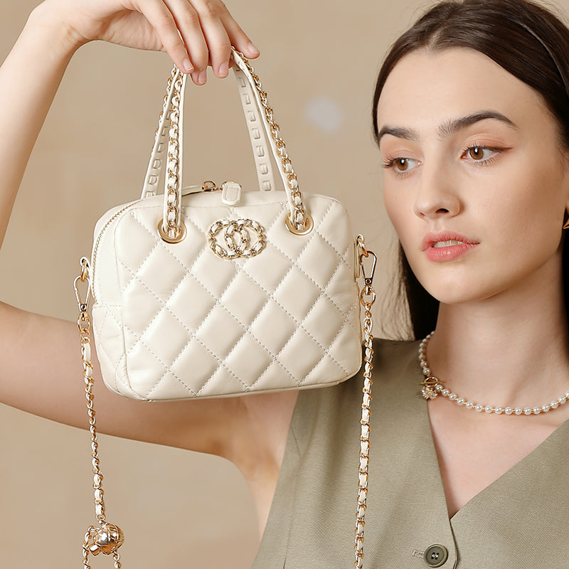 Genuine leather small Chanel diamond bag handbag high-end first layer chain bowling bag versatile shoulder crossbody bag