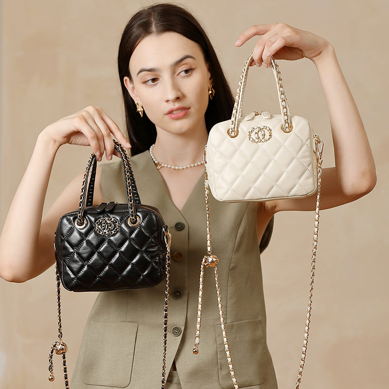 Genuine leather small Chanel diamond bag handbag high-end first layer chain bowling bag versatile shoulder crossbody bag