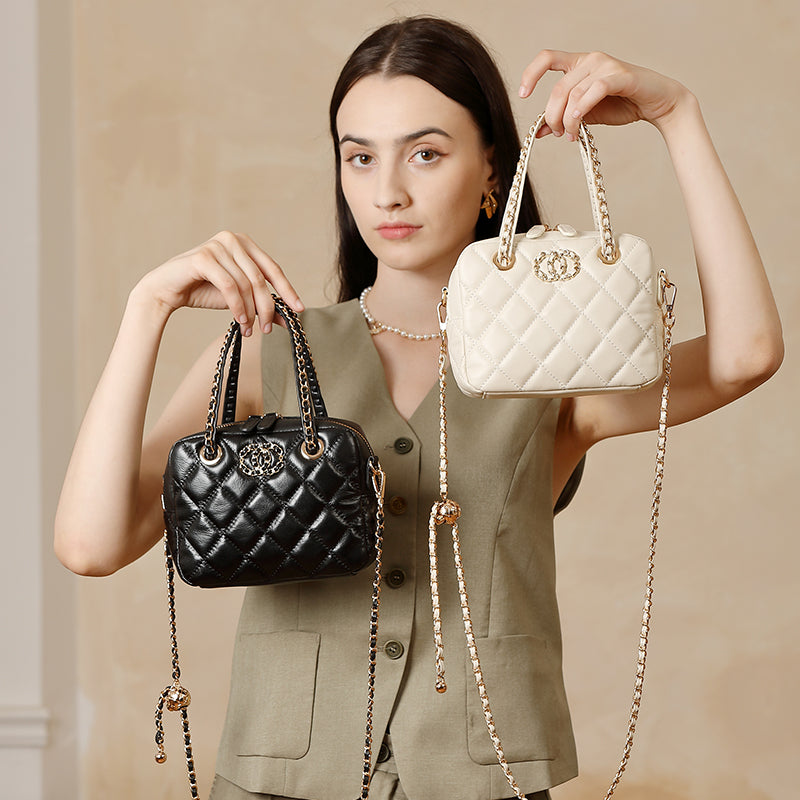 Genuine leather small Chanel diamond bag handbag high-end first layer chain bowling bag versatile shoulder crossbody bag