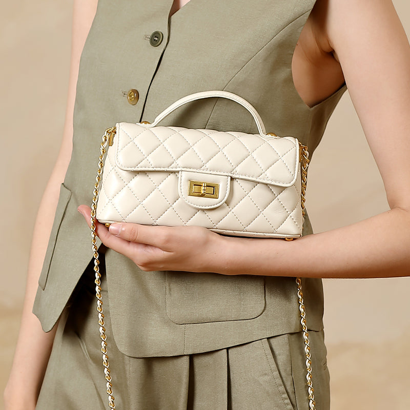 Genuine leather small Chanel style chain handbag light luxury fashion women's bag shoulder crossbody bag diamond bag