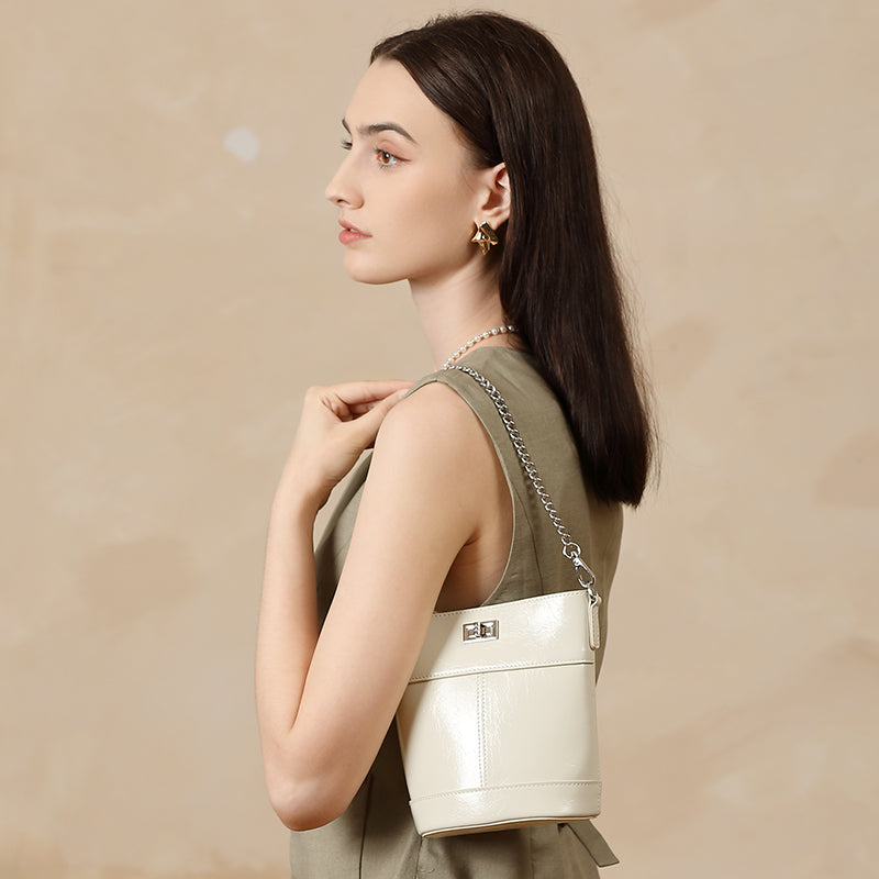 Waxed top layer cowhide fashionable genuine leather bucket bag light luxury women's bag simple mobile phone coin purse