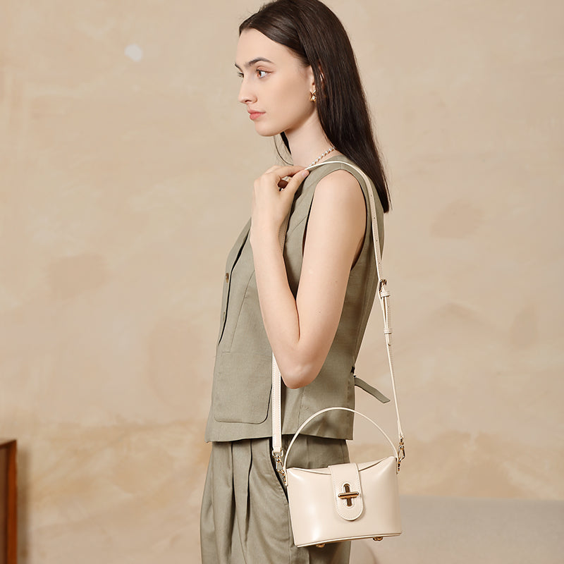Genuine leather trendy urban simple handbag shoulder messenger bag light luxury niche high-end capsule lock bag