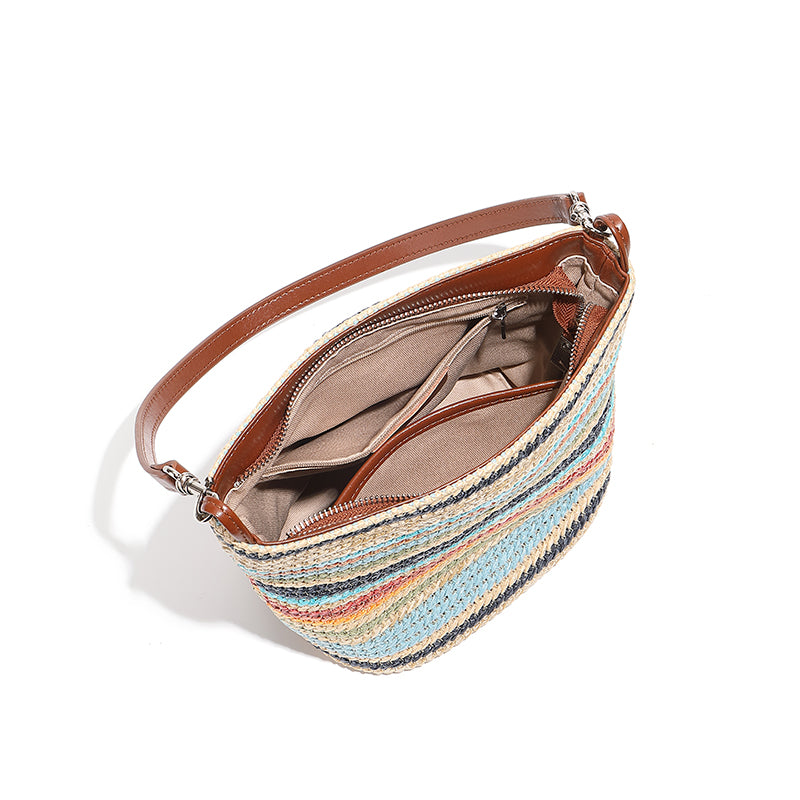 Summer fashion contrast color tote bag niche design straw with genuine leather large capacity commuter versatile handbag
