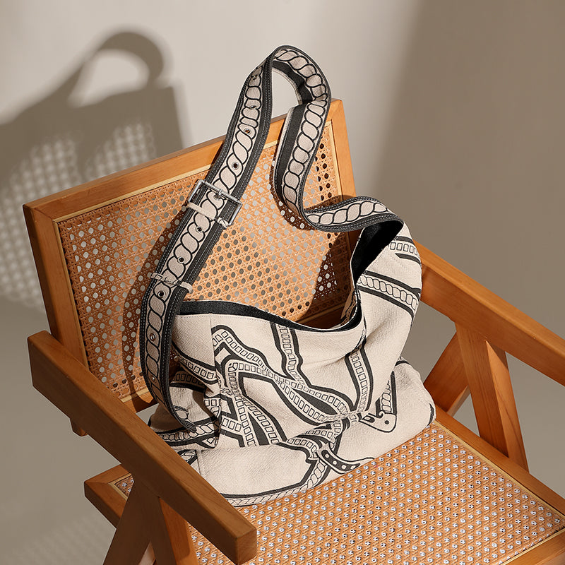 Tote bag with genuine leather canvas bag pony totem lazy style shoulder bag linen print tote bag