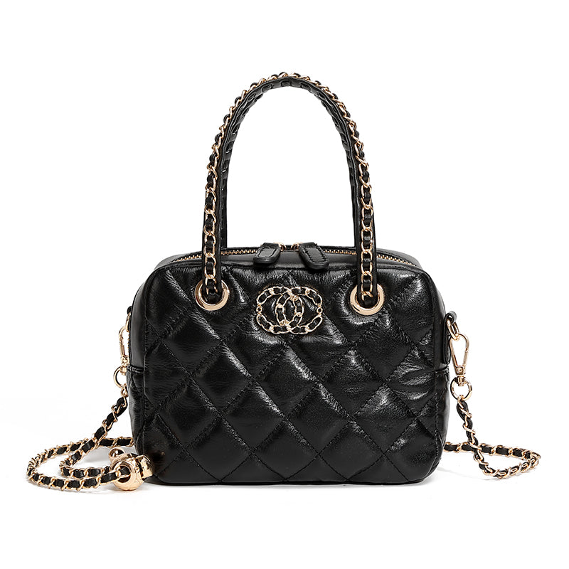 Genuine leather small Chanel diamond bag handbag high-end first layer chain bowling bag versatile shoulder crossbody bag