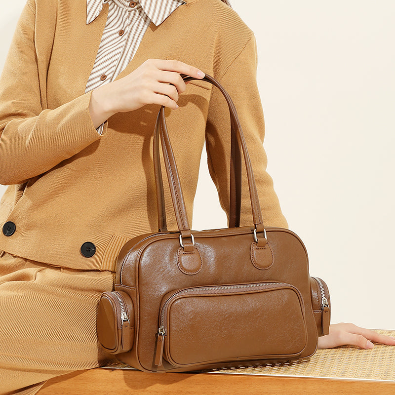 Genuine leather retro handheld bowling bag versatile commuter niche design underarm shoulder bag