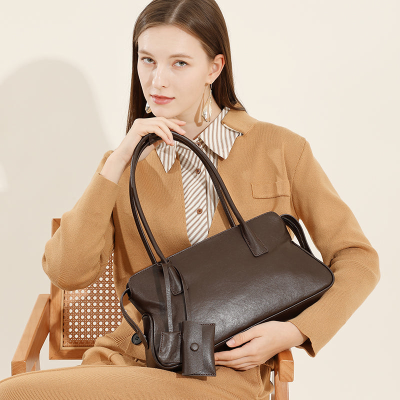 Genuine leather retro trend tote bag shoulder underarm bag vegetable tanned cowhide handbag