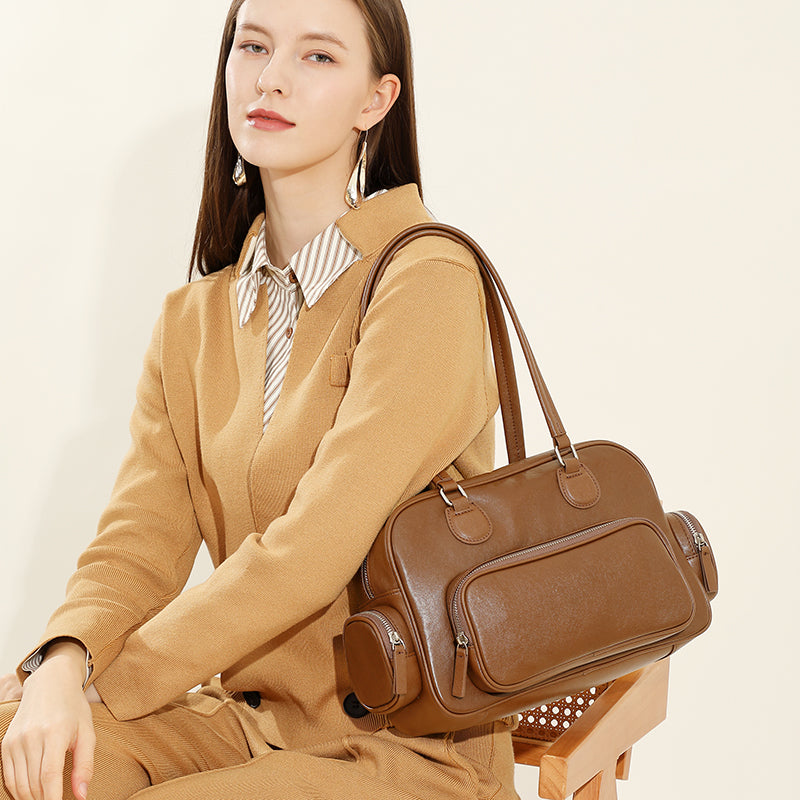 Genuine leather retro handheld bowling bag versatile commuter niche design underarm shoulder bag