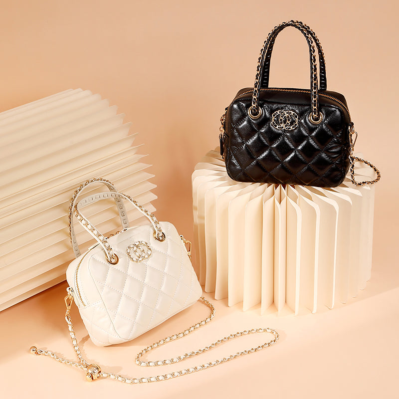 Genuine leather small Chanel diamond bag handbag high-end first layer chain bowling bag versatile shoulder crossbody bag