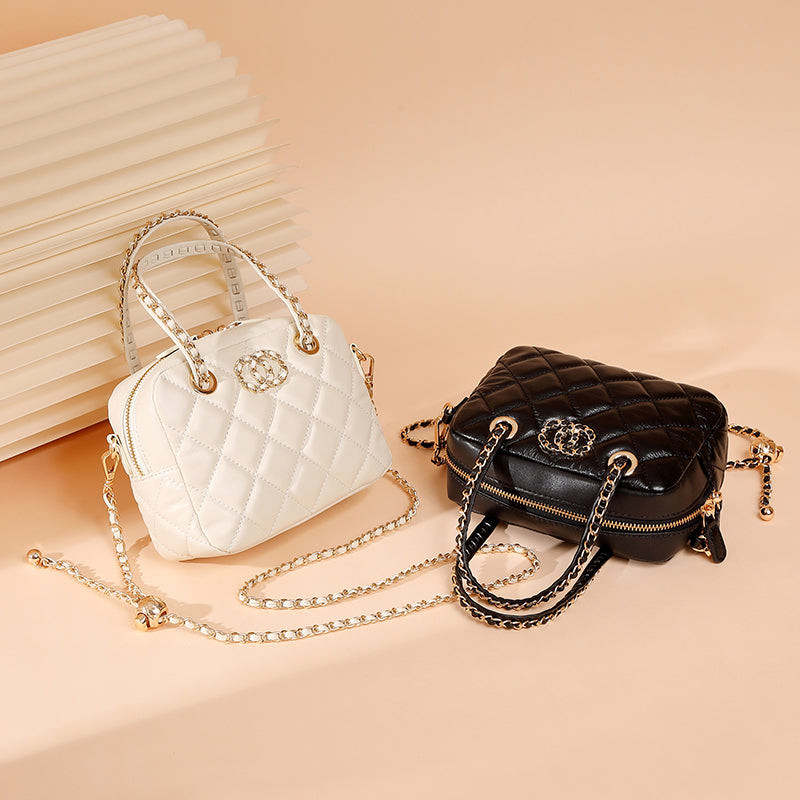 Genuine leather small Chanel diamond bag handbag high-end first layer chain bowling bag versatile shoulder crossbody bag