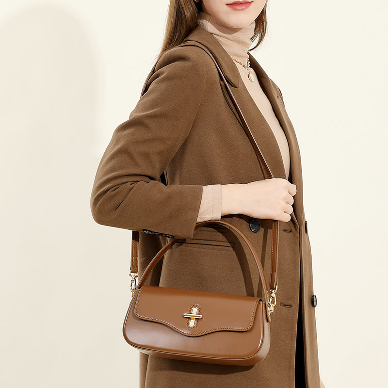 Genuine leather niche design baguette handbag shoulder crossbody bag underarm bag