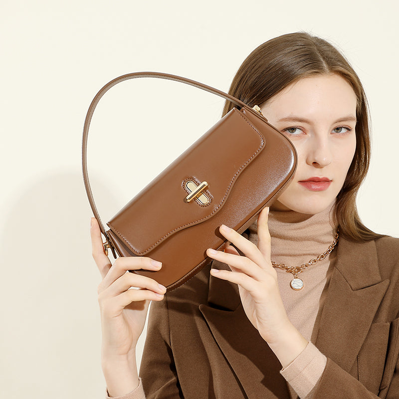 Genuine leather niche design baguette handbag shoulder crossbody bag underarm bag