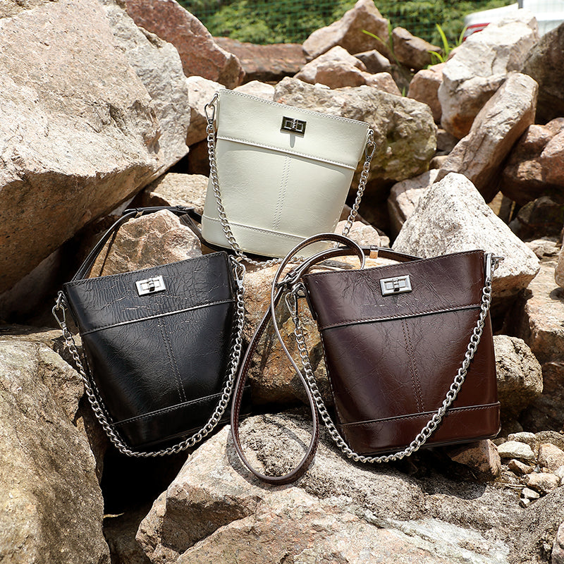 Waxed top layer cowhide fashionable genuine leather bucket bag light luxury women's bag simple mobile phone coin purse