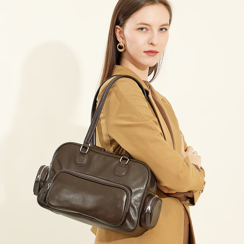 Genuine leather retro handheld bowling bag versatile commuter niche design underarm shoulder bag