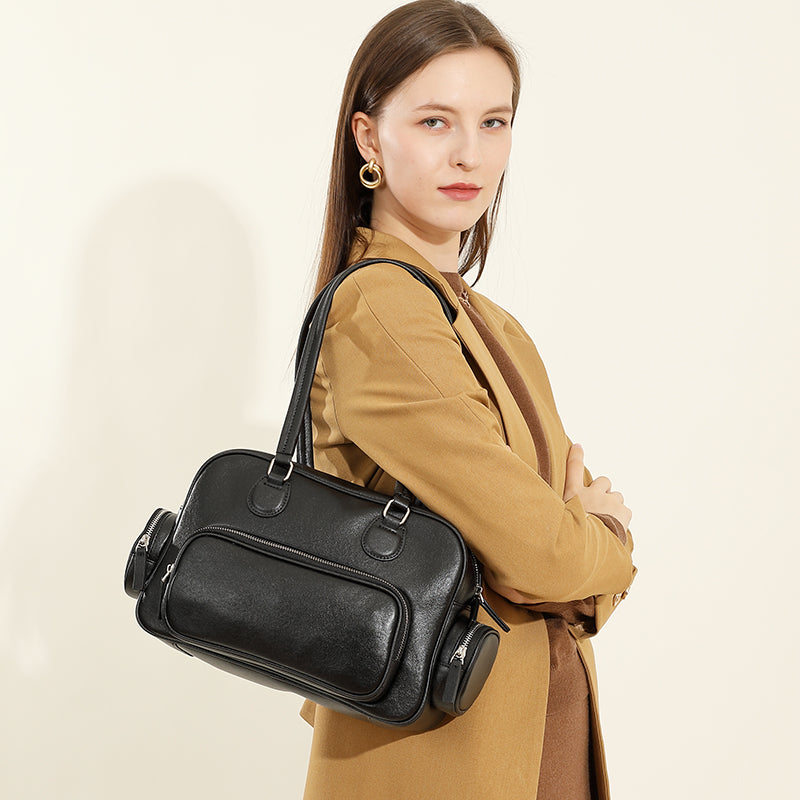 Genuine leather retro handheld bowling bag versatile commuter niche design underarm shoulder bag